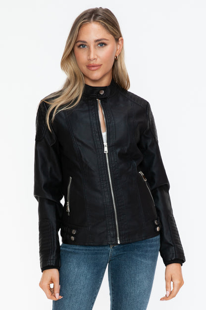 Black Faux Leather Biker Jacket with Side Zip Pockets