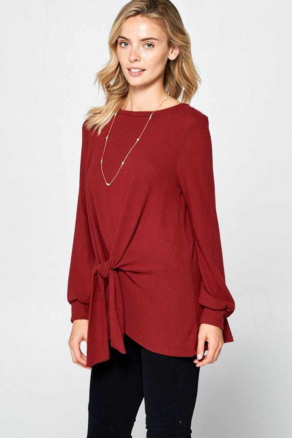 Burgundy Round Neck Knot Front Hacci Blouse - Tigbul's Variety Fashion Shop