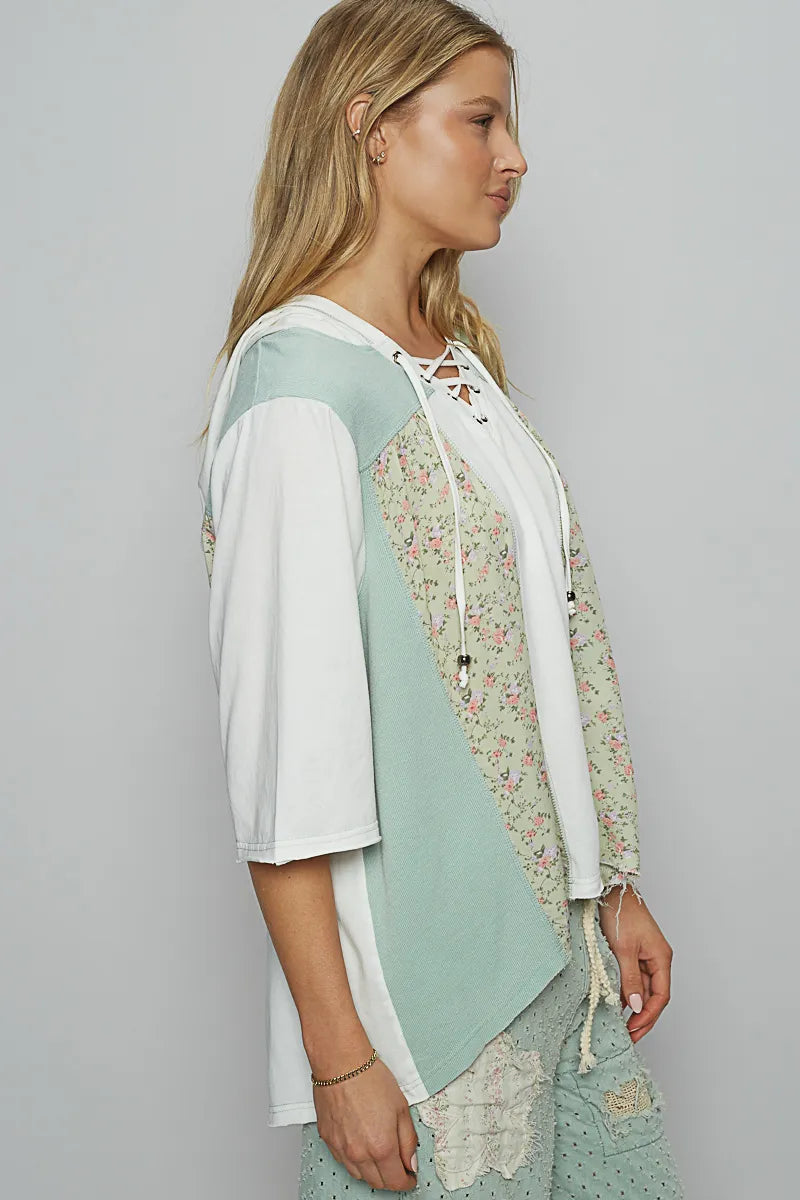POL Lace-Up Hooded T-Shirt with Paisley Panel Detail - Tigbul's Variety Fashion Shop