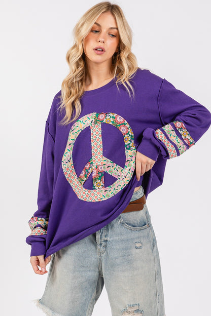 Peace Applique Patch Long Sleeve Top - Tigbul's Variety Fashion Shop