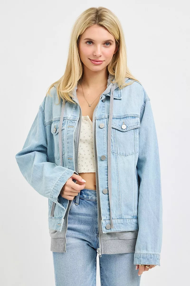 RISEN Oversized Hoodie Jacket in light denim, snap-front and chest pockets
