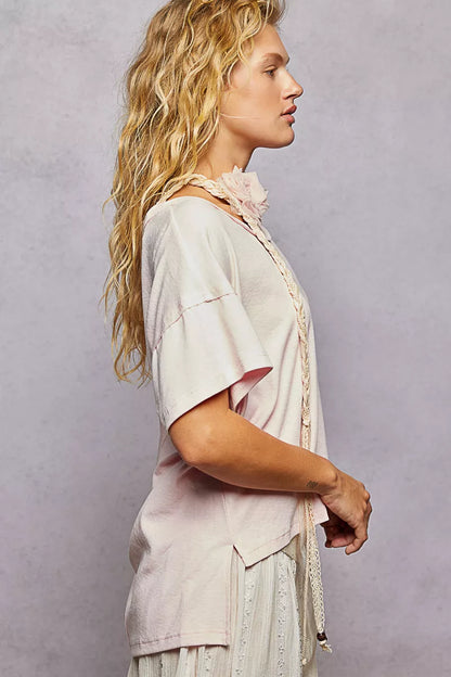 POL Round Neck Short Sleeve T-Shirt with High Low Hem - Tigbul's Variety Fashion Shop