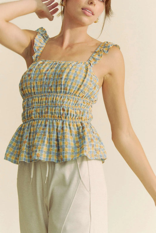 Plaid Ruffled Strap Smocked Blue Sleeveless Top - Tigbul's Variety Fashion Shop