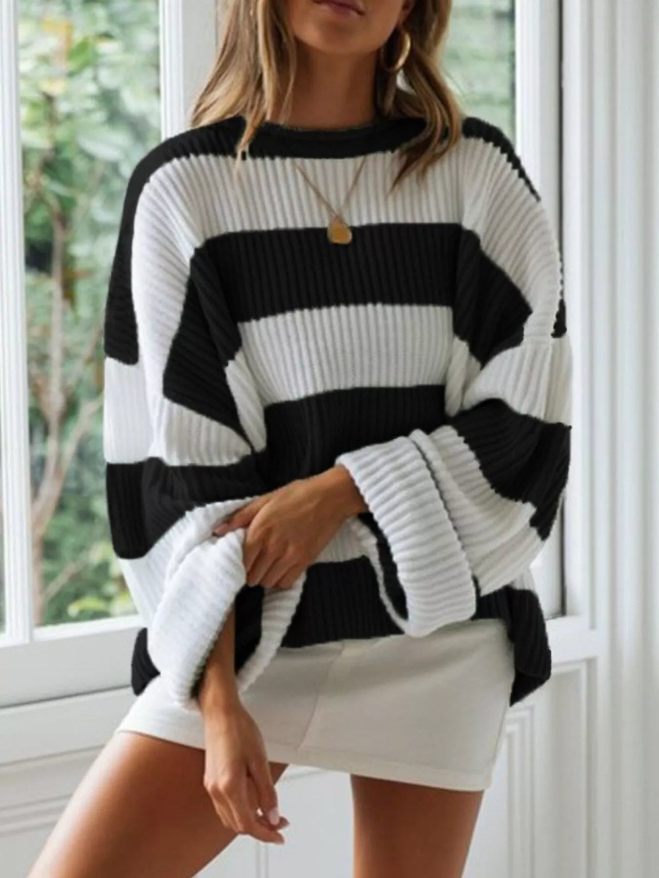 Full Size Contrast Striped Round Neck Sweater Plus Size - Tigbul's Variety Fashion Shop