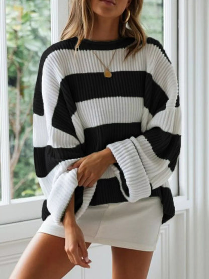 Full Size Contrast Striped Round Neck Sweater Plus Size - Tigbul's Variety Fashion Shop