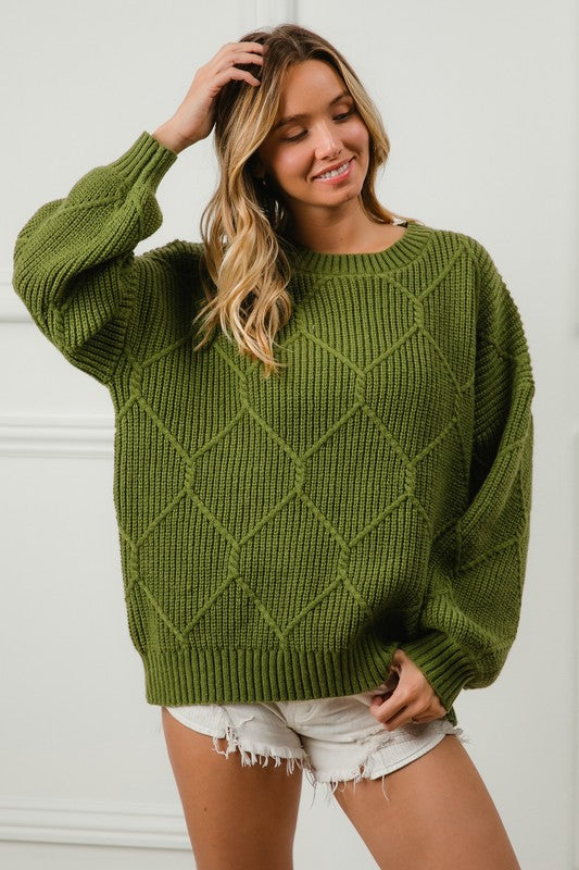 Green Diamond Texture Round Neck Long Sleeve Sweater