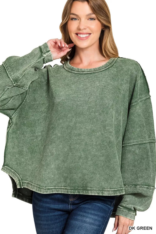 Zenana Acid Washed Exposed-Seam Sweatshirt - Tigbul's Variety Fashion Shop