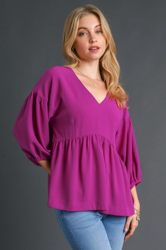 Red V-Neck Puffed 3/4 Sleeve Babydoll Blouse - Tigbul's Variety Fashion Shop