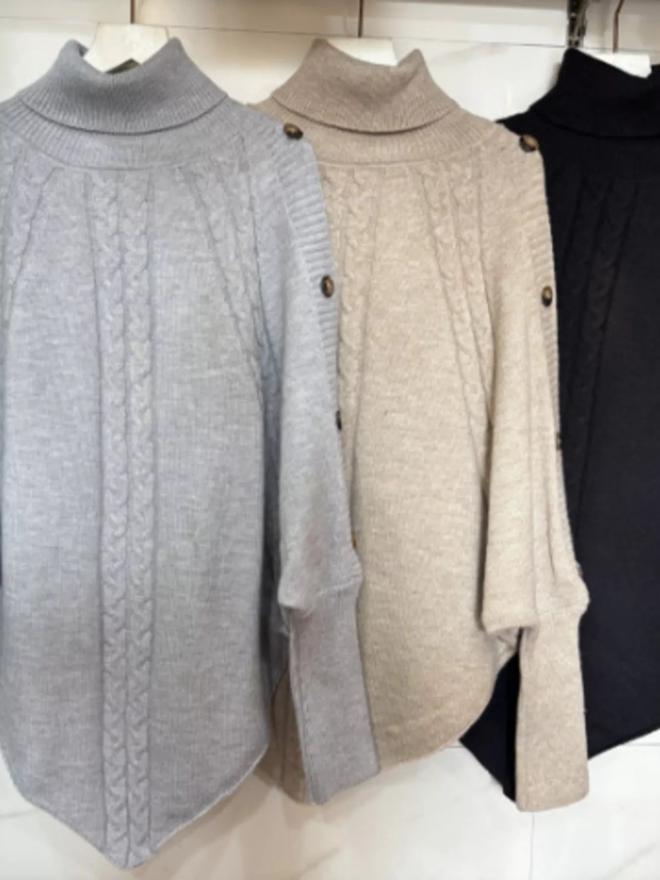 Cable Knit Turtleneck Cape Sweater - Tigbul's Variety Fashion Shop