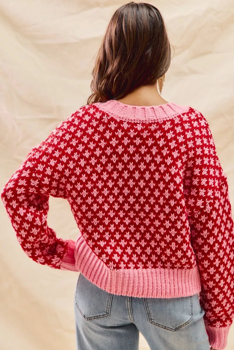 SO ME Color Block Textured Christmas Sweater V Neck Top - Tigbul's Variety Fashion Shop