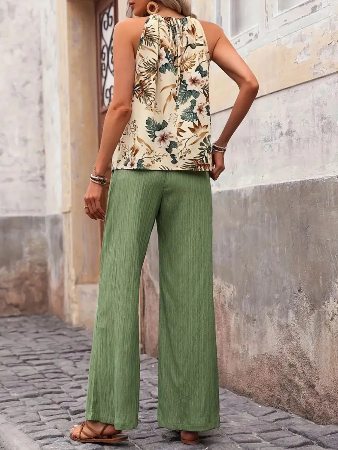 Printed Tank Top and Wide Leg Pants Set - Tigbul's Variety Fashion Shop