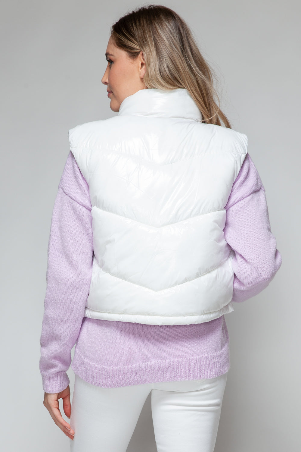 White Zip Up Turtleneck Shiny Quilted Vest - Tigbul's Variety Fashion Shop