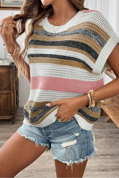 Stripe Color Block Eyelet Knit Short Sleeve Knit Top - Tigbul's Variety Fashion Shop