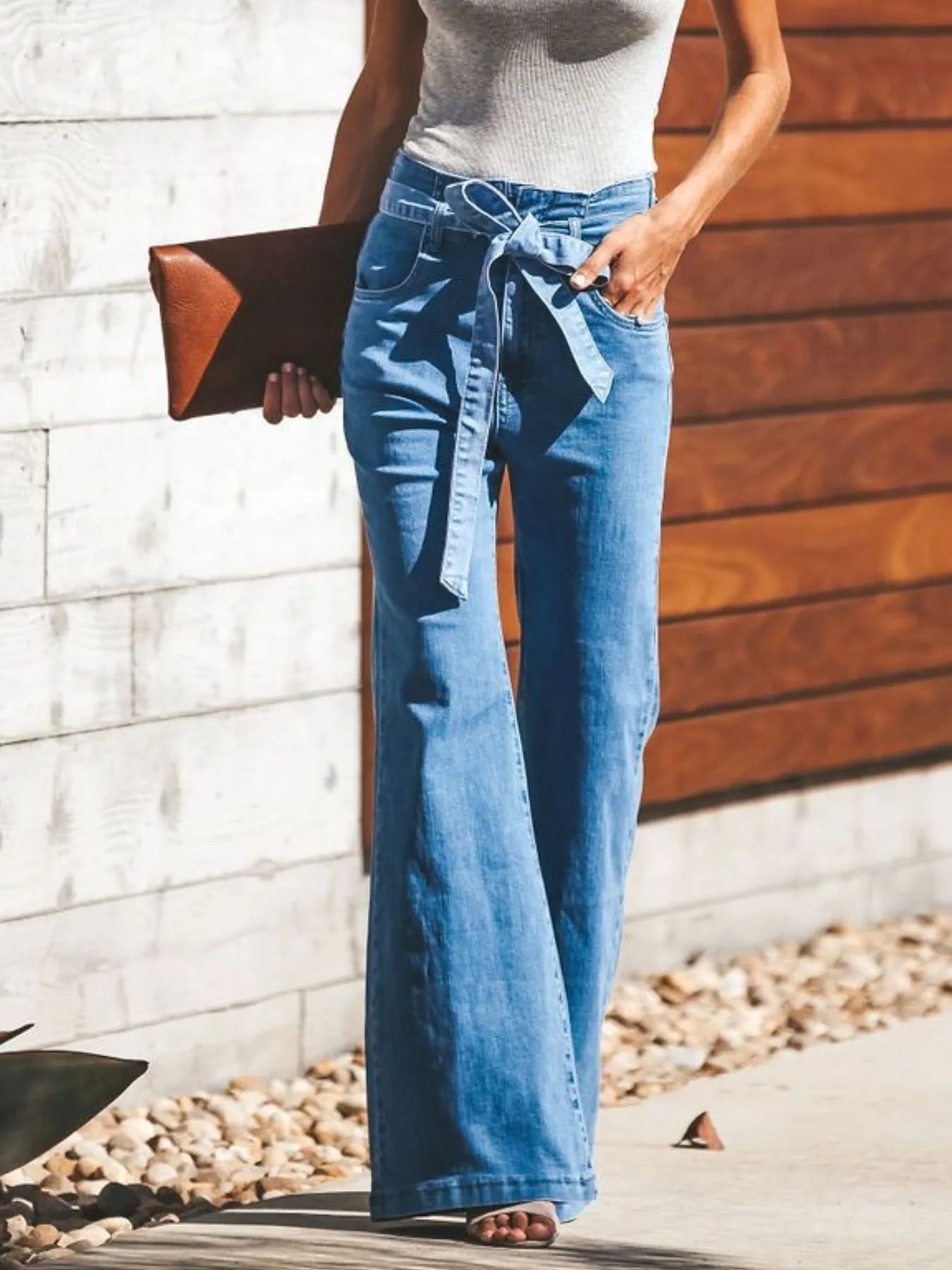 High-Waisted Tie-Front Flare Jeans - Tigbul's Variety Fashion Shop