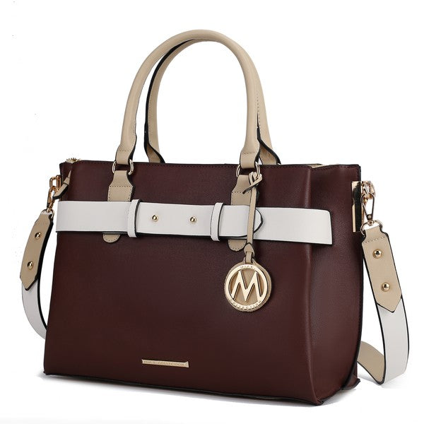Dark brown Jamie satchel with white front strap and gold-tone M logo charm, one size