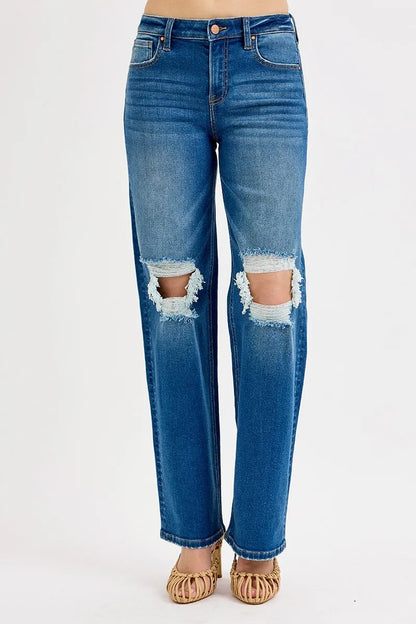 RISEN Full Size Mid Waist Fit Boyfriend Knee Distressed Jeans Plus Size - Tigbul's Variety Fashion Shop