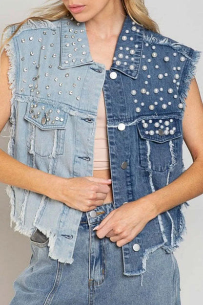 Pearl Detail Raw Hem Button Up Blue Denim Vest - Tigbul's Variety Fashion Shop