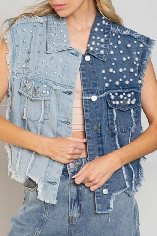 Pearl Detail Raw Hem Button Up Blue Denim Vest - Tigbul's Variety Fashion Shop