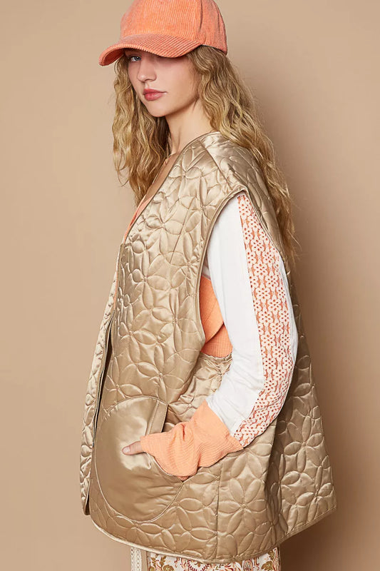 POL Front Zipper Floral Pattern Quilted Vest Coat with Front Pockets - Tigbul's Variety Fashion Shop