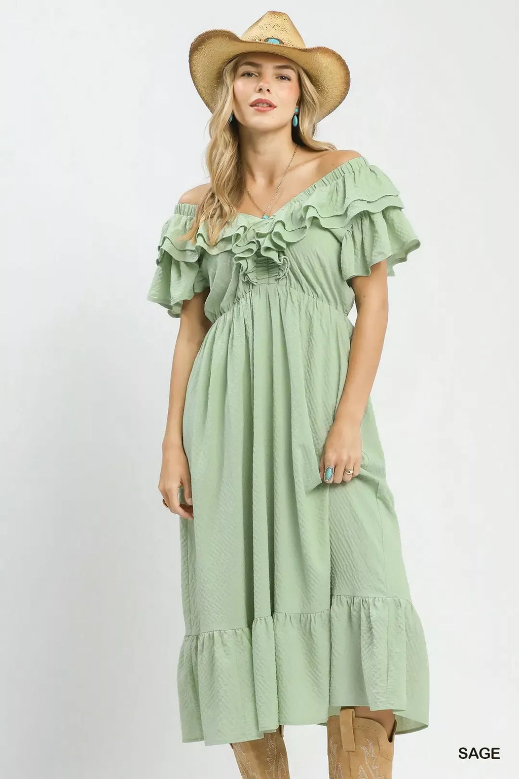 Umgee Textured Ruffle Midi Dress - Tigbul's Variety Fashion Shop