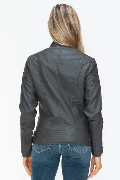 Charcoal Faux Leather Biker Jacket with Side Zip Pockets