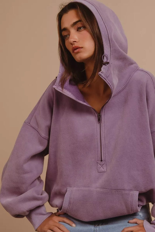 BiBi Stitch Detailed Elastic Hem Half Zip Fleece Hoodie - Tigbul's Variety Fashion Shop