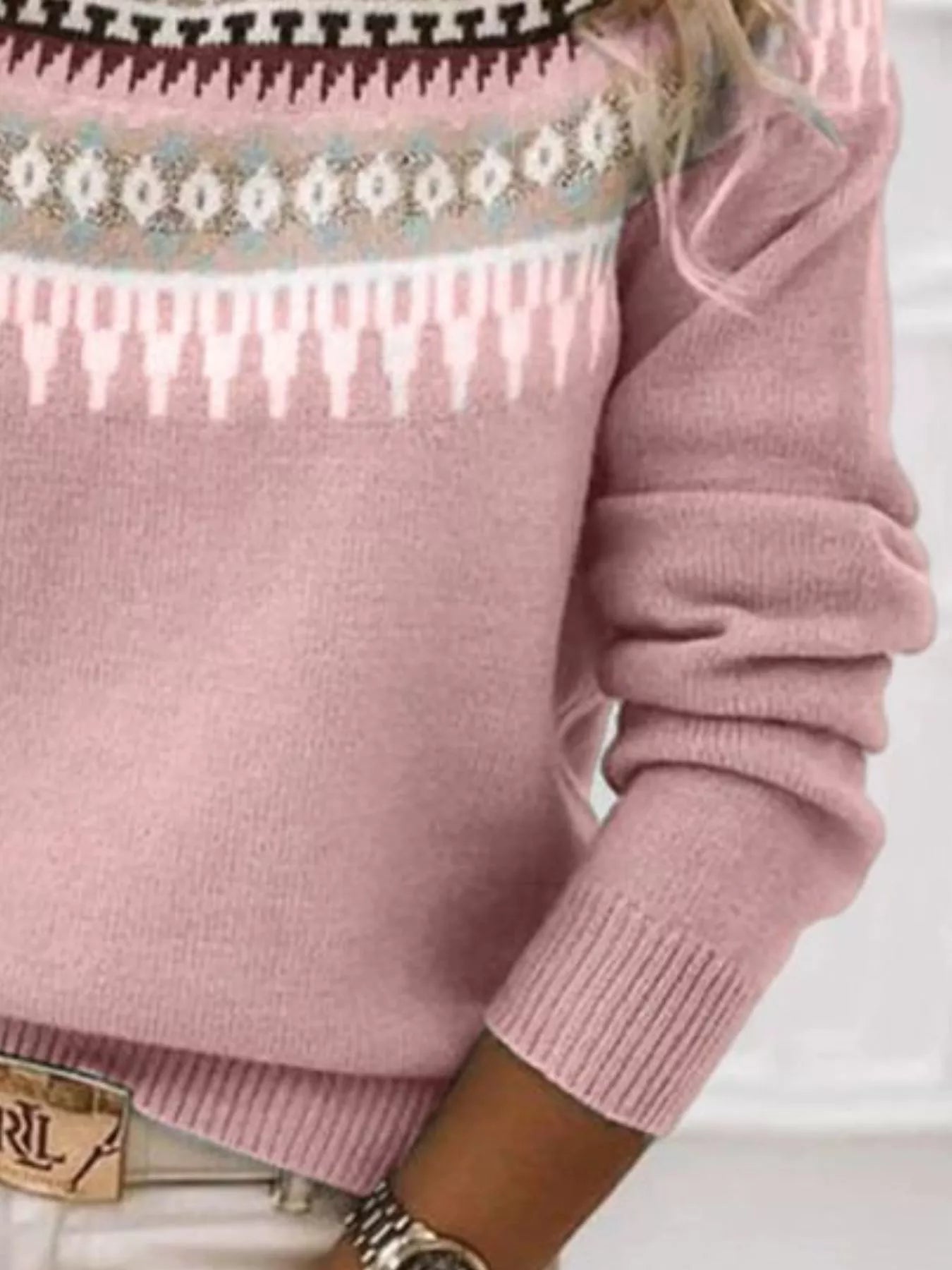 Full Size Vintage Patterned Round Neck Sweater Plus Size - Tigbul's Variety Fashion Shop