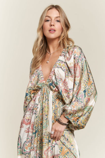 Light Green Printed V-Neck Batwing Sleeve Dress - Tigbul's Variety Fashion Shop