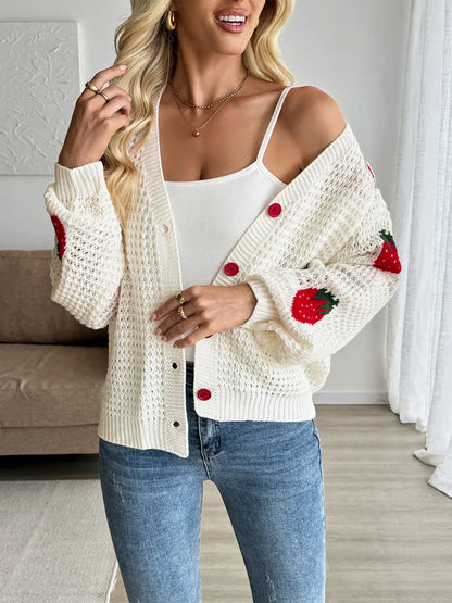 Strawberry Pattern V-Neck Button-Up Cardigan - Tigbul's Variety Fashion Shop