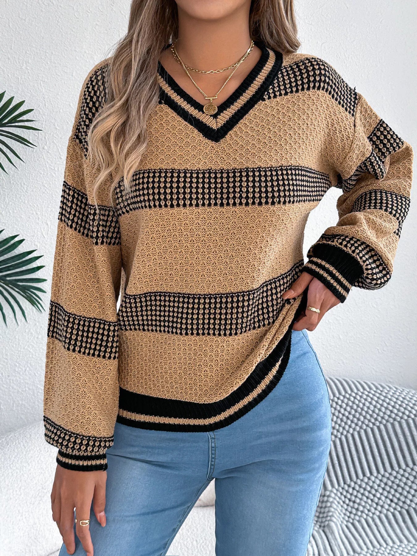 Contrast Striped V-Neck Sweater - Tigbul's Variety Fashion Shop