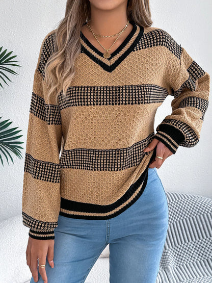 Contrast Striped V-Neck Sweater - Tigbul's Variety Fashion Shop