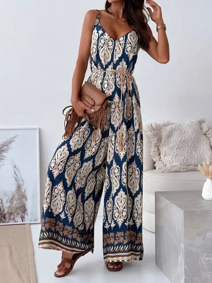 Printed V-Neck Wide Leg Jumpsuit - Tigbul's Variety Fashion Shop