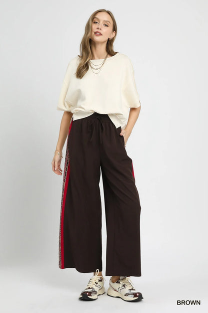 Umgee Wide Leg Pants with Contrast Side Trim - Tigbul's Variety Fashion Shop