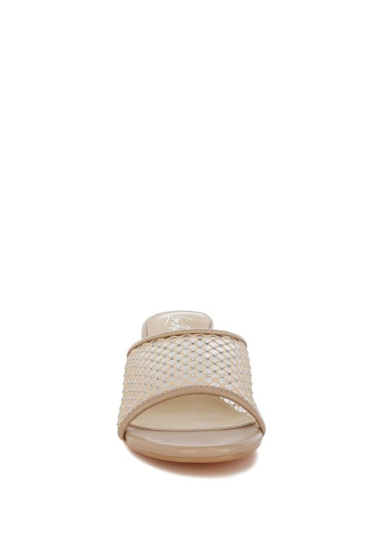 Beige mesh slide wedge sandals with clear heel and open toe