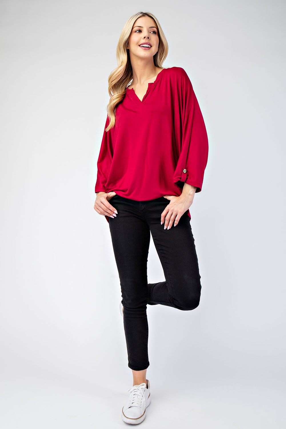 Celeste Full Size Notched Three-Quarter Sleeve Blouse - Tigbul's Variety Fashion Shop