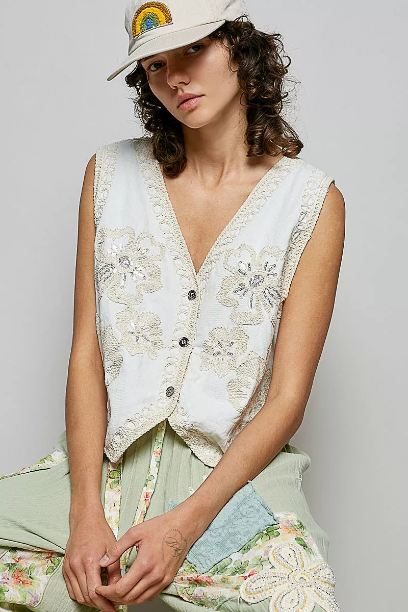 White Embroidered Floral V-Neck Button Down Crochet Vest | Tigbuls