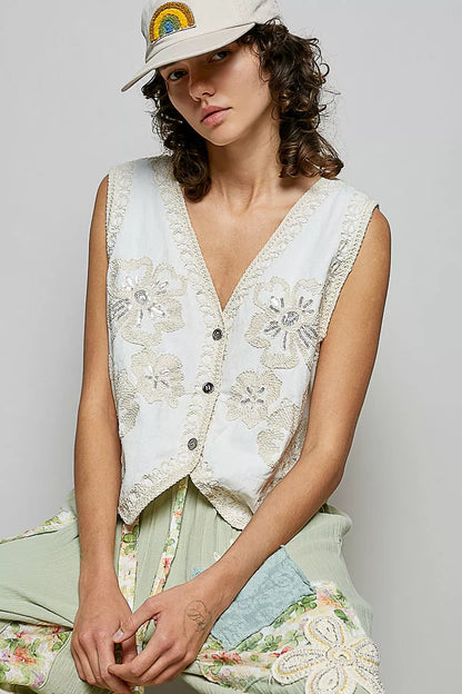 White Embroidered Floral V-Neck Button Down Crochet Vest | Tigbuls