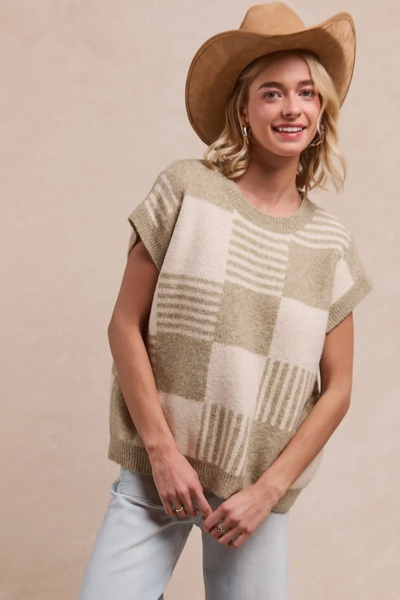 Checker With Stripes Pattern Sleeveless Sweater - Tigbul's Variety Fashion Shop