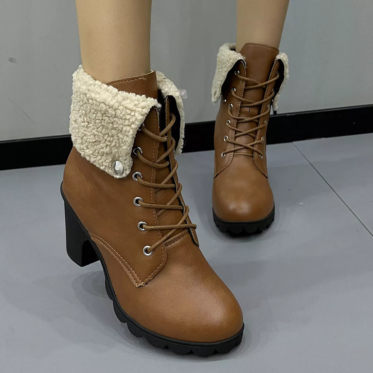 Lace Up Block Heels Boots - Tigbul's Variety Fashion Shop