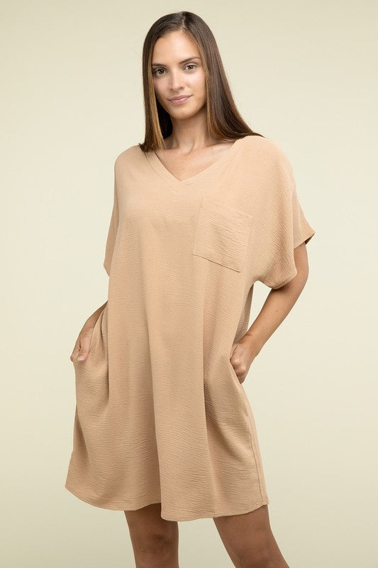 Woven Airflow V Neck T-Shirt Dress with Pockets - Tigbul's Variety Fashion Shop