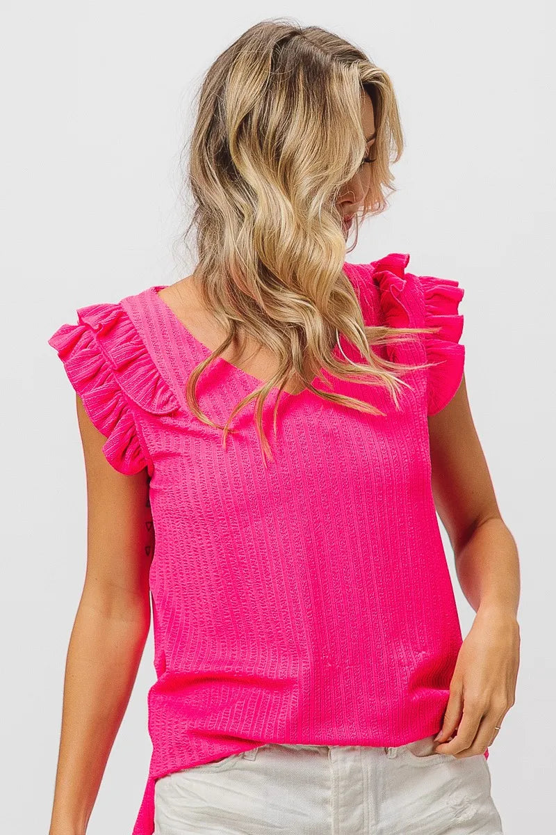 BiBi Layered Ruffles Armhole V-neck Rib Textured Top - Tigbul's Variety Fashion Shop