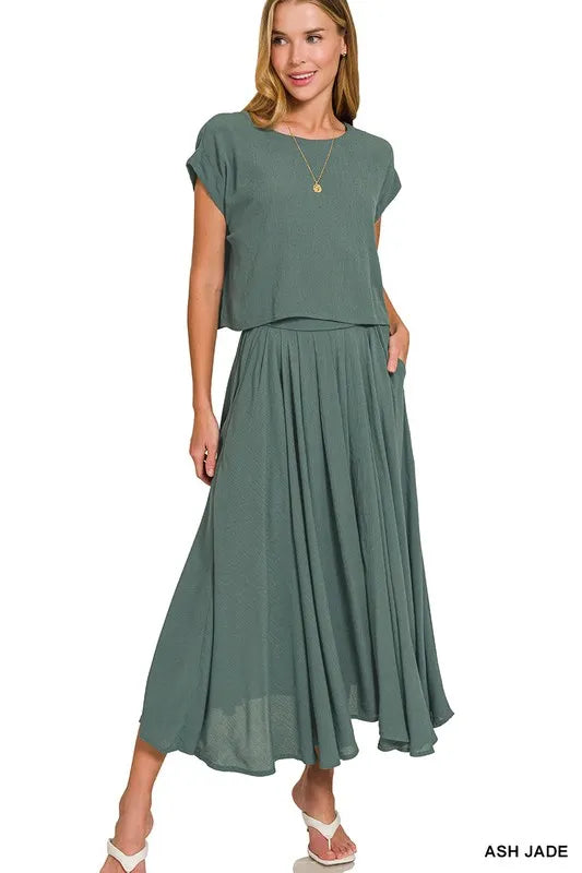 Jade Woven Crinkle Gauze Crop Tee and Skirt Set - Tigbul's Variety Fashion Shop