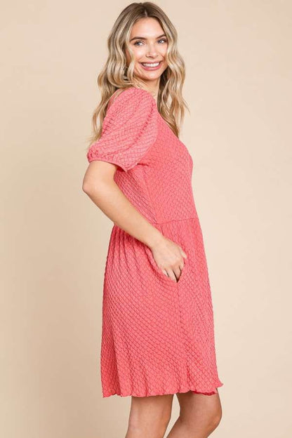 Culture Code Full Size Textured Round Neck Puff Sleeve Dress - Tigbul's Variety Fashion Shop