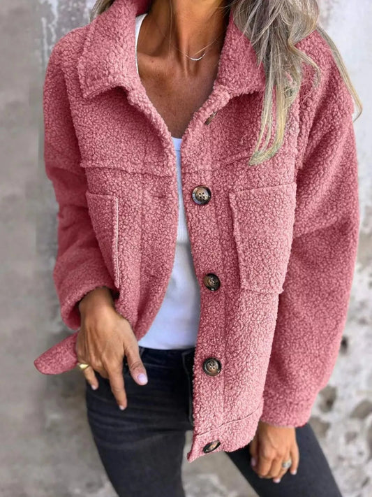 Full Size Single-Breasted Sherpa Shacket Plus Size - Tigbul's Variety Fashion Shop
