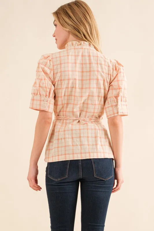 Plaid Patterned and Ruffled Wrap Blouse Top - Tigbul's Variety Fashion Shop