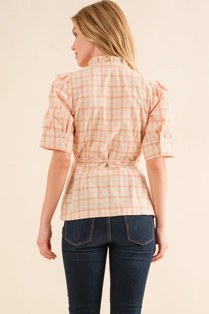 Plaid Patterned and Ruffled Wrap Blouse Top - Tigbul's Variety Fashion Shop