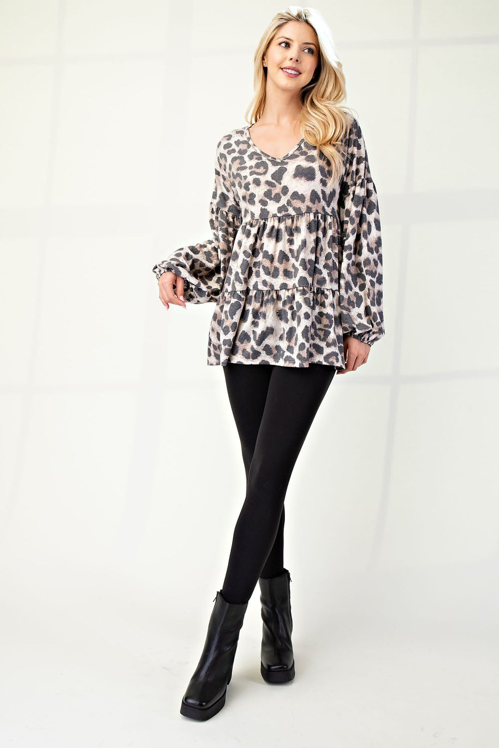 Celeste Full Size Leopard V-Neck Balloon Sleeve Blouse - Tigbul's Variety Fashion Shop