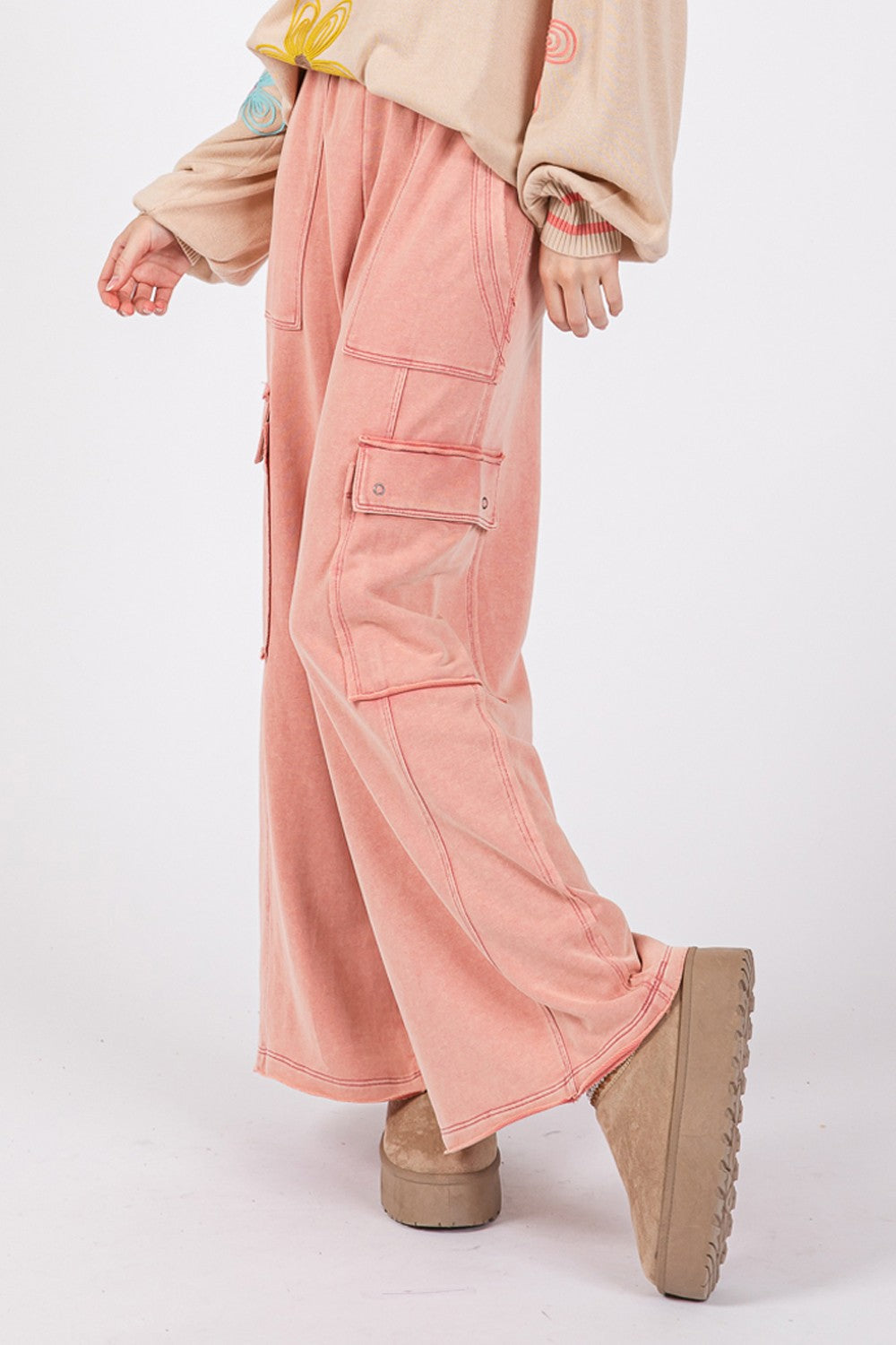 Rose Color Knit Terry Mineral Wash Wide Leg Pants - Tigbul's Variety Fashion Shop