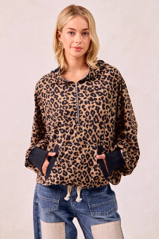BiBi Leopard Print Waffle Half Zip Up Hoodie W Pocket - Tigbul's Variety Fashion Shop