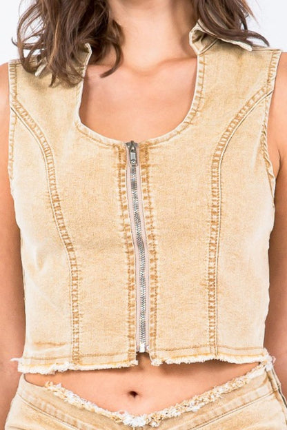 American Bazi Zip Up Washed Crop Denim Vest - Tigbul's Variety Fashion Shop